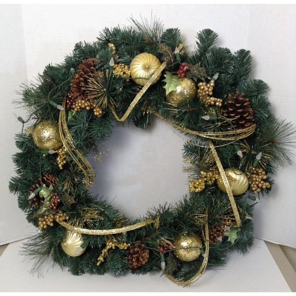 Christmas Wreath PreLit Green/Gold Pine Cones Balls Glamour Front Door Wall 23